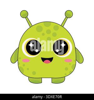 Cute Green Alien Monster with Two Antennas and Happy Smile Vector Illustration on White Background Stock Vector