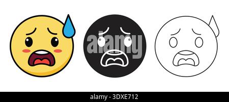 Yellow Scared and Screaming Face Emoji Combo with Outline and Silhouette Vector Assets Stock Vector