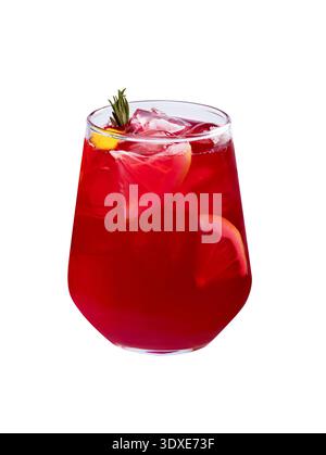 Red cocktail with ice cubes and lemon slices in a glass. Isolated on white background, top view. Stock Photo