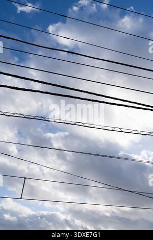 Blue Sky and White Clouds Background with Horizontal Power Lines Stock Photo