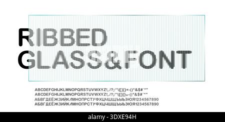 3D glass effect font with ribbed pattern. Text round letter, transparent illusion plastic plate, wavy corrugated surface. Line glare distortion vector Stock Vector