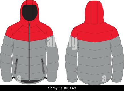 A front and back view of a puffer jacket with a red hood and upper section, transitioning to a gray body and sleeves Stock Vector