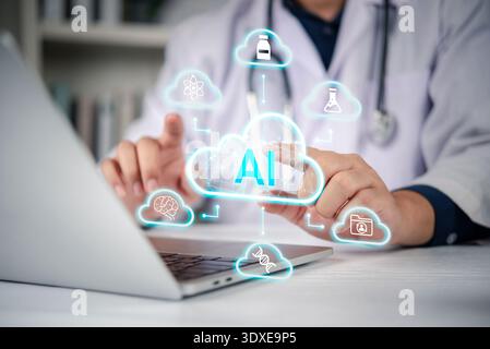 AI Artificial Intelligence analyzing big data for healthcare diagnostics. Doctor interacts with digital cloud interface, technology integration in mod Stock Photo