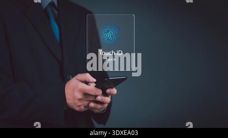 Smart technology security system man using phone fingerprint sensor scanning unlocking screen cyber safety authentication network interface modern inn Stock Photo