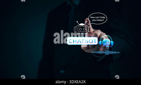 AI chatbot robot interaction. Businessman finger touching virtual screen interface. Artificial intelligence technology automation customer service sup Stock Photo