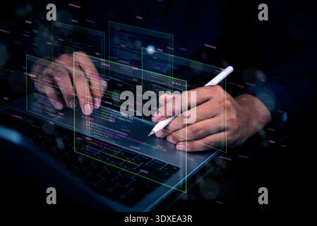 Developer hand programming code. Programmer working laptop coding software. Virtual screen data analysis technology futuristic. AI artificial intellig Stock Photo