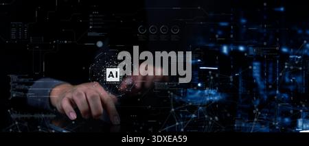 Businessman hand touching AI artificial intelligence icon. Digital technology, virtual interface, machine learning, neural network. Big data analysis Stock Photo