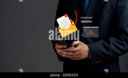 Businessman hand using smartphone, get phishing email scam. Hacker attack, cybersecurity threat. Virtual warning icon, password stealing, data theft. Stock Photo