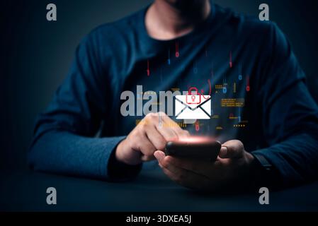 Cybersecurity threat, phishing email scam concept. Man hand on phone, data breach danger. Hacker attack, internet fraud, password stealing. Spam messa Stock Photo