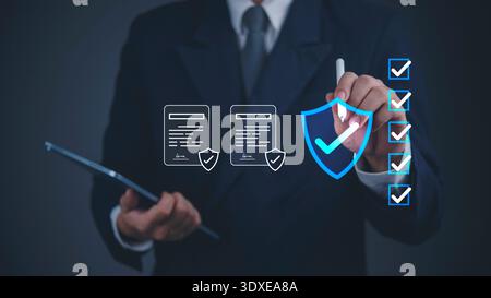 Businessman hand digital pen selecting checklist document shield icon secure compliance cybersecurity protection data management digital verification Stock Photo