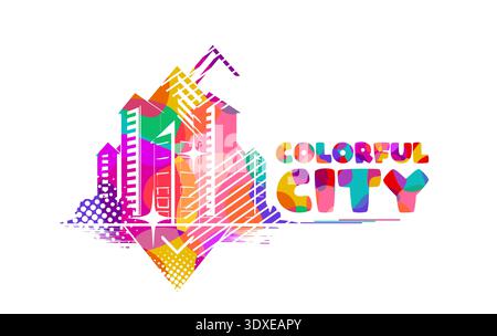 Colorful logo modern city skyline with skyscrapers in flat vector style on white background. Hand drawn Not AI, vector illustration. Stock Vector