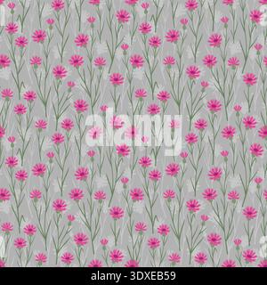 Seamless pink cornflower pattern with slender green stems on light grey background, minimal meadow hand drawn botanical illustration for textile Stock Vector
