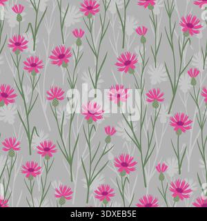 Seamless pink cornflower pattern with slender green stems on light grey background, minimal meadow hand drawn botanical illustration for textile Stock Vector