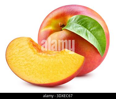 Peach and slice. Fresh organic peach isolated on white background. Peach with clipping path Stock Photo