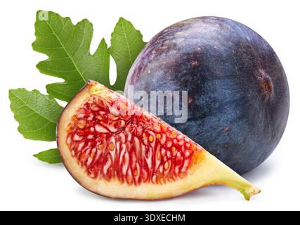 Fig isolated on white background. Ripe fresh fig Clipping Path. Fig with leaf Stock Photo