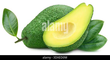 Avocado Clipping Path. Ripe avocado with green leaf and half isolated on white background. Avocado macro studio photo Stock Photo