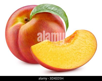 Peach and slice. Fresh organic peach isolated on white background. Peach with clipping path Stock Photo