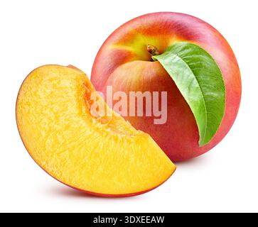 Peach fruit with leaves isolate. Peach pear on white. Peach clipping path. Stock Photo
