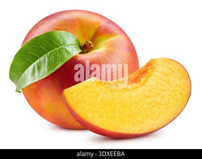 Isolated peach with leaf. Peach fruit on white background with clipping path. As design element. Stock Photo