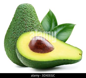 Fresh avocado isolated on white background. Avocado with leaves. Clipping path avocado. Avocado macro studio photo Stock Photo