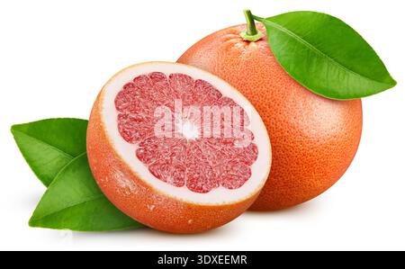 Organic grapefruit. Fresh grapefruit with leaves isolated on white background. Grapefruit with clipping path Stock Photo