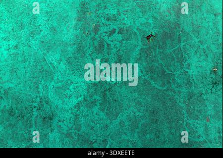 Green plastered concrete wall.Green patina (verdigris) on copper sheet metal.Gloss green enamel paint blistering and peeling off a galvanised iron gat Stock Photo