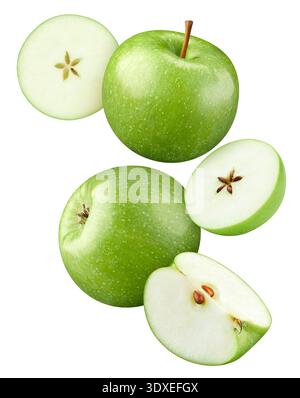 Green apple with slices isolated on white background. Flying Fresh apple. Clipping path apple. Apple macro studio photo Stock Photo