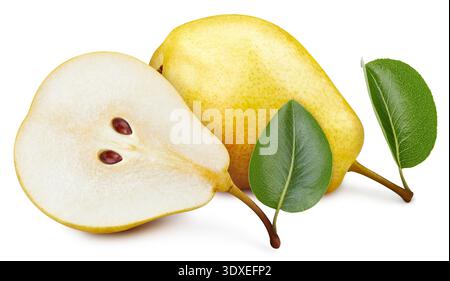 Isolated pear yellow with leaf. Pear fruit on white background with clipping path. As design element. Stock Photo
