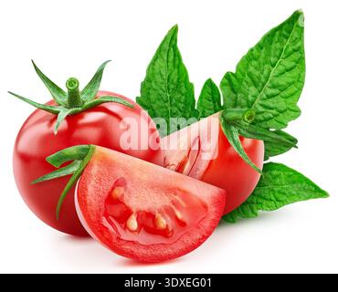 Tomato vegetable with leaf isolate. Tomato whole, slice, leaves on white. Tomato clipping path. Stock Photo