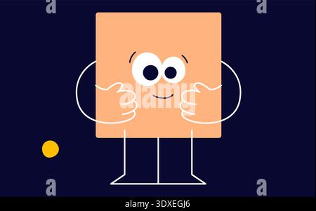 Cute happy geometric figure face made in a square shape with raised arms and tiny legs. Stock Vector