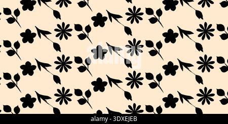 Seamless Floral Pattern with Black Flowers and Leaves on Beige Background Stock Vector