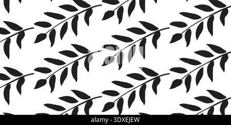 Seamless Botanical Leaf Branch Pattern with Black Foliage Silhouettes on White Background Stock Vector
