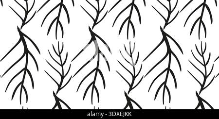 Seamless Abstract Leaf Branch Pattern with Black Botanical Lines on White Background Stock Vector