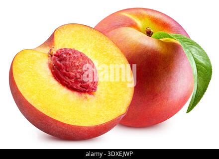 Peach. Fresh organic peach with leaves isolated on white background. Peach with clipping path Stock Photo