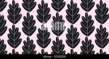Seamless Stylized Oak Leaf Pattern with Repeating Black Botanical Leaves on Pink Background Stock Vector