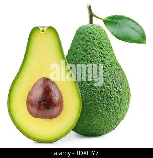 Avocado fruit with leaf isolate. Avocado whole and half on white. Avocado clipping path. High End Retouching Stock Photo