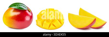 Mango collection. Fresh organic mango with leaves isolated on white background. Mango with clipping path Stock Photo