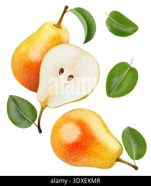 Flying in air yellow pear fruit with leaf isolate. Pear whole, half, slice, leaves on white. Pear clipping path. High End Retouching Stock Photo