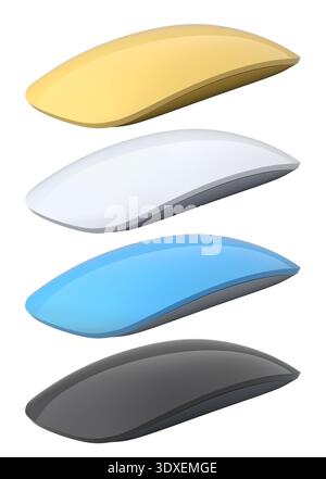 Set of wireless computer mice in various colors side by side isolated on white background, tech design concept. Stock Photo