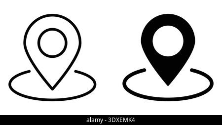 A pair of location pin icons, one in black and one in white, showcasing simple flat design style. Ideal for digital mapping or navigation themes. Stock Vector
