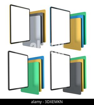 Multiple black-framed digital tablets stacked with colorful sheets, isolated on white background, concept of technology and modern devices Stock Photo