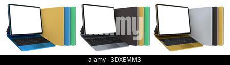 Multiple black-framed digital tablets stacked with colorful sheets, isolated on white background, concept of technology and modern devices Stock Photo