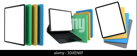 Multiple black-framed digital tablets stacked with colorful sheets, isolated on white background, concept of technology and modern devices Stock Photo