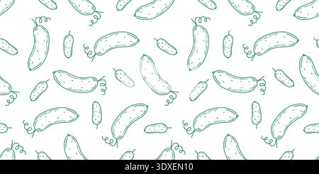 Young green cucumbers seamless pattern in doodle sketch style Stock Vector