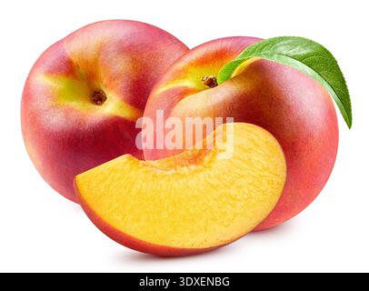 Peach fruit with leaves isolate. Peach on white. Peach clipping path. Stock Photo