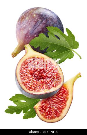 Fig fruit slices and fig leaves over white. levitation Fig with clipping path Stock Photo