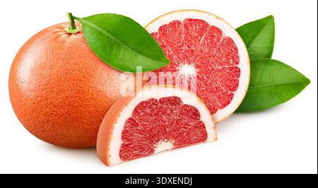 Grapefruit with slice on white background. Grapefruit isolate. Full depth of field. With clipping path. Stock Photo