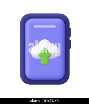 Smartphone with cloud and green upload arrow on purple screen. Data upload, cloud storage, synchronization, online backup and cloud computing concept. Stock Vector