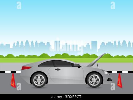 Car Breakdown with Open Hood on the Road. Broken Car. Vector Illustration. Stock Vector