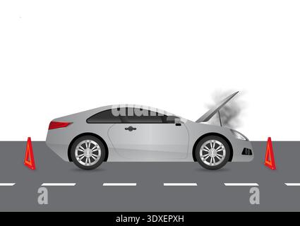 Car Breakdown with Open Hood and Smoke on the Road. Broken Car. Vector Illustration. Stock Vector